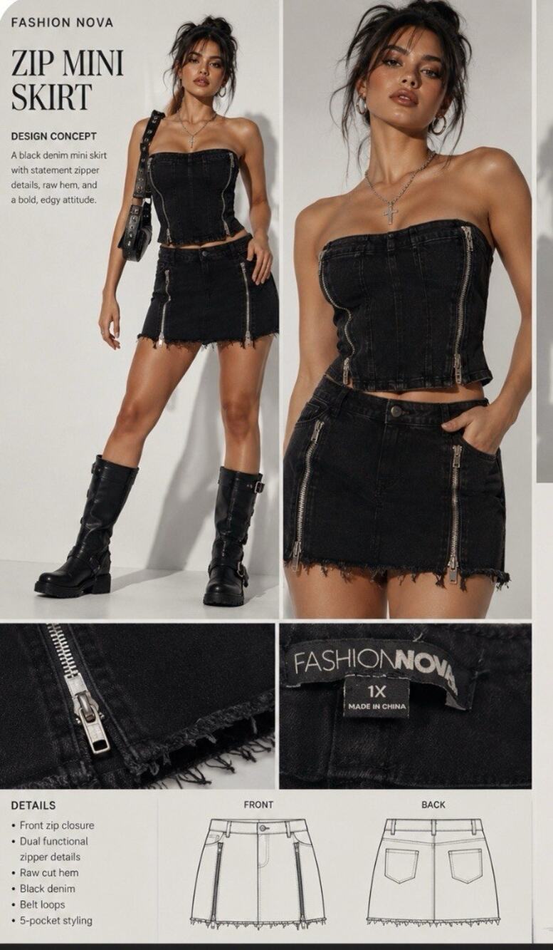 Fashion Nova Black Denim Mini Skirt 1X Plus Size Double Zip Front Raw Hem